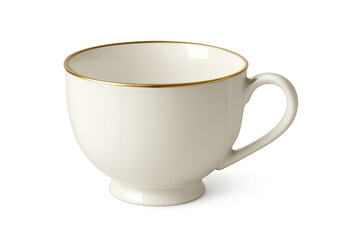 White porcelain teacup with gold rim and handle