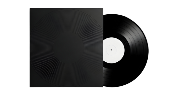 Black vinyl record and cover on white background with minimalist aesthetic