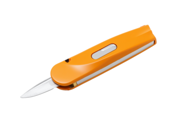 Close-up of sleek orange utility knife with extended blade on transparent background