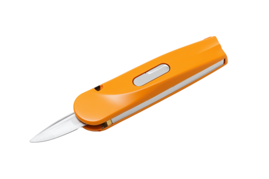 Close-up of sleek orange utility knife with extended blade on transparent background