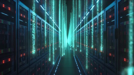 Data servers hum in the sleek, modern data center with digital streams overhead - Powered by Adobe
