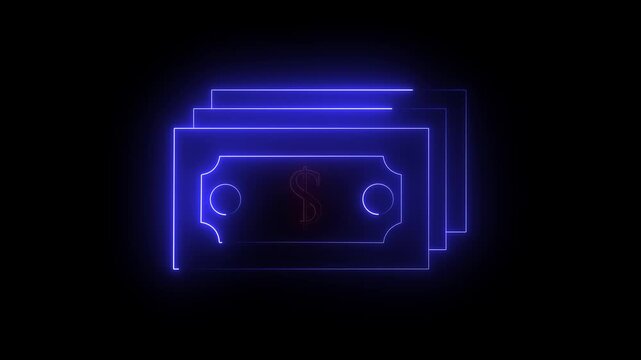 neon dollar banknote icon animation on black background. dollar banknote icon. stacked dollar bills representing finance, banking, savings, and economic wealth concept. 4k