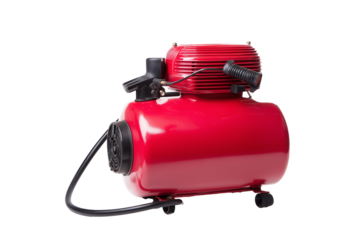 Professional red air compressor with black hose and control knobs on transparent background