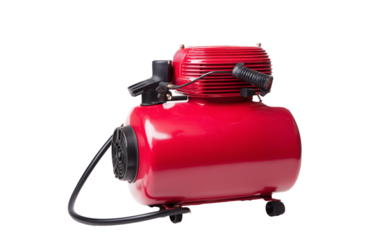 Professional red air compressor with black hose and control knobs on transparent background