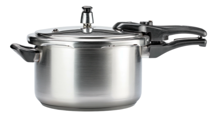 Silver, steel pressure cooker with black handles, lid, and valve