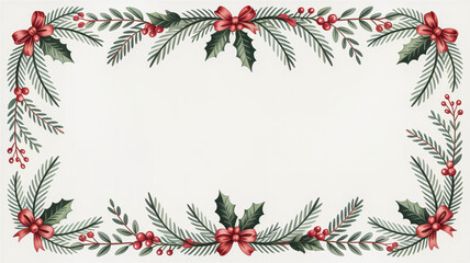 Elegant holiday frame with pine, holly, and red bows for festive greetings