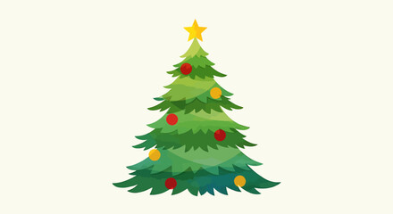 Simple Cartoon Christmas Tree with Colorful Ornaments and Star Topper on White Background