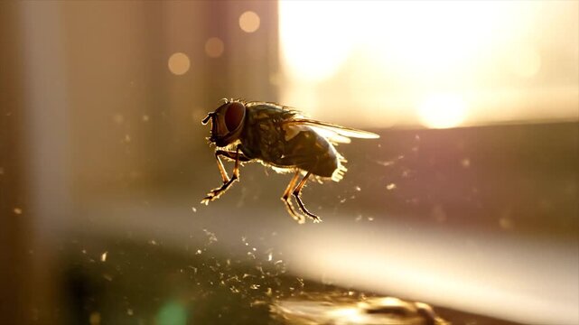 Close-Up of a Fly on a Window Pane in Sunlight.
