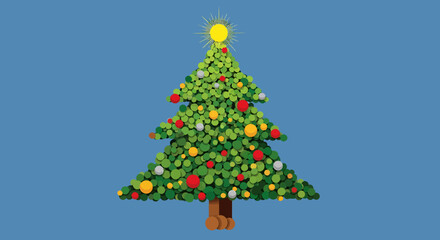 Minimalist Vector Illustration of a Decorated Christmas Tree with Star Topper on Blue Background