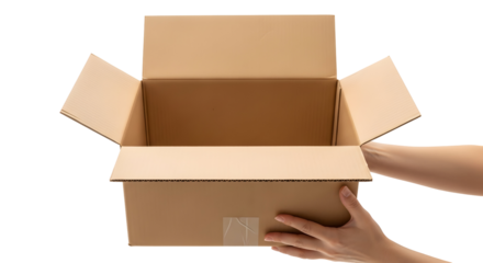 Opening a cardboard box, hands holding it from the sides, isolated on white background