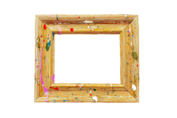 Rustic wooden picture frame with colorful paint splatters on transparent background
