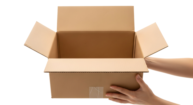 Opening a cardboard box, hands holding it from the sides, isolated on white background