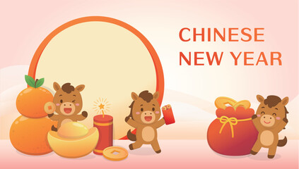 Year of the Horse poster, traditional cultural elements, oranges and gold coins, Chinese Lunar New Year