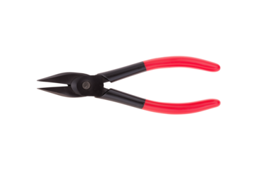 Precision pliers with black metallic finish and red ergonomic grip covers isolated on transparent background