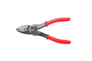 Obraz premium Pair of pliers with red handles and silver jaws isolated on transparent background