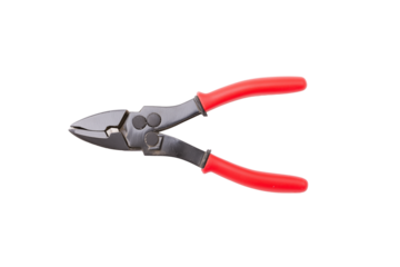 Pair of pliers with red handles and silver jaws isolated on transparent background