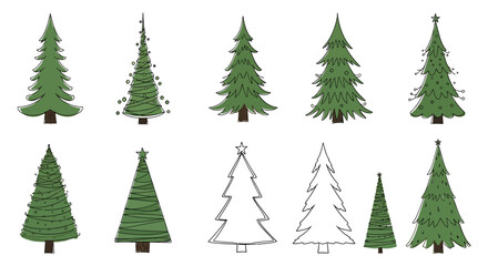 Set of Ten Hand Drawn Christmas Tree Illustrations in Various Styles for Holiday Design