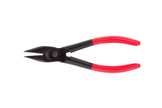 Precision pliers with black metallic finish and red ergonomic grip covers isolated on transparent background