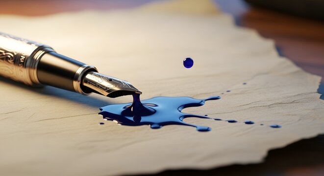 Close-up of a fountain pen releasing blue ink onto a sheet of paper with a blurred background