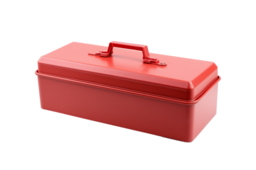 Red metal toolbox with glossy finish on transparent background