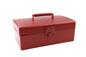 Red metal toolbox with glossy finish on transparent background