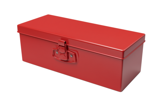 Sleek red rectangular metal toolbox with glossy finish and latch mechanism on transparent background