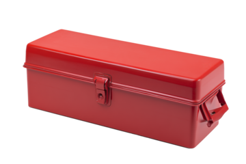 Red metal toolbox with glossy finish on transparent background
