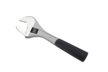 Professional-grade adjustable wrench with black textured grip and serrated jaws on transparent background