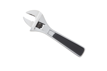 Adjustable wrench with serrated jaws and black and silver handle on transparent background