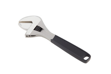 Close-up of a new adjustable wrench with metallic silver head and black plastic handle on transparent background