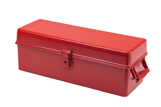Red metal toolbox with glossy finish on transparent background