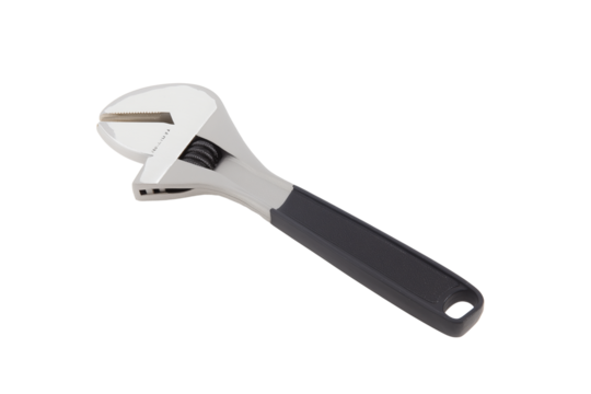 Close-up of a new adjustable wrench with metallic silver head and black plastic handle on transparent background