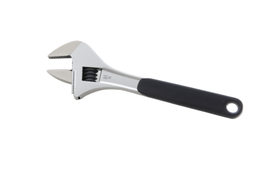 Close-up of adjustable wrench with serrated jaws and textured black handle on transparent background