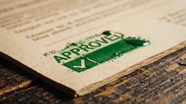 Extreme macro, slow-motion: green 'APPROVED' stamp with checkmark impacts paper; ink bleeds into fibers.