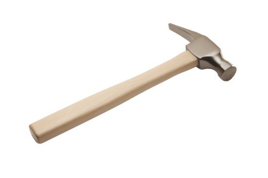 Classic hammer with wooden handle and metallic head on transparent background