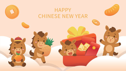 Playful horse mascot celebrating Chinese New Year, red gift box, poster or greeting card