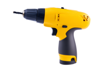 Close-up of a yellow cordless drill with black accents on transparent background