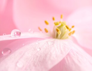 Close-up of delicate pink flower with water droplets and detailed pistil