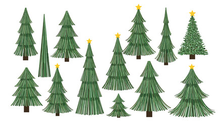 Collection of Diverse Hand Drawn Green Christmas Tree Illustrations with Stars on White Background