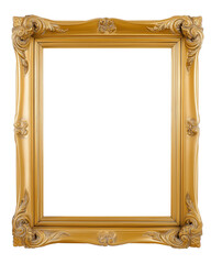 Gold Baroque picture frame with floral motifs and scrollwork on transparent background
