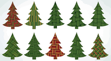 Set of Ten Festive Christmas Tree Icons with Woven Textile Patterns