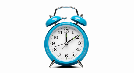 Classic alarm clock in blue color to wake up early in the morning