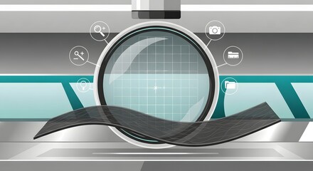 Futuristic Laboratory Equipment with Circular Scanner and Digital Icons in Modern Science Environment