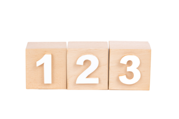 Three wooden blocks with numbers 1, 2, and 3 on transparent background