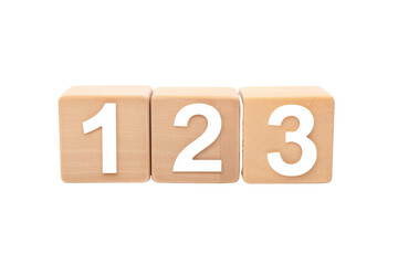 Three wooden blocks with numbers 1, 2, and 3 on transparent background