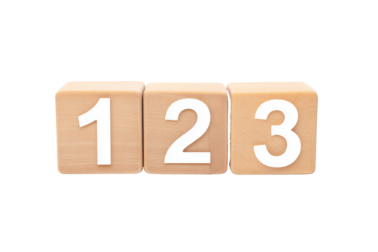 Three wooden blocks with numbers 1, 2, and 3 on transparent background