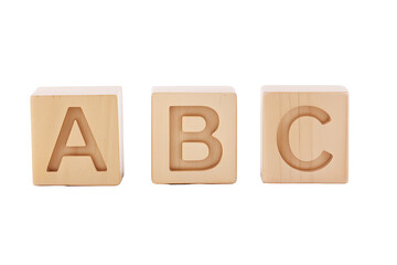 Three wooden alphabet blocks with letters A, B, and C on transparent background