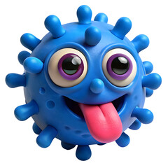 A 3D blue spiky ball with big purple eyes, a wide grin, and a pink tongue.