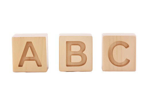 Three wooden alphabet blocks with letters A, B, and C on transparent background