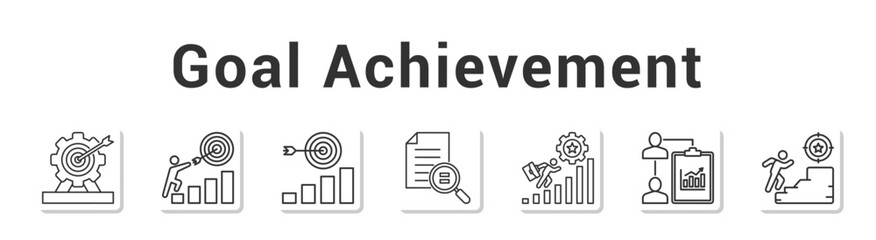 Goal Achievement  Modern and clean web banner illustration vector featuring thematic icons”